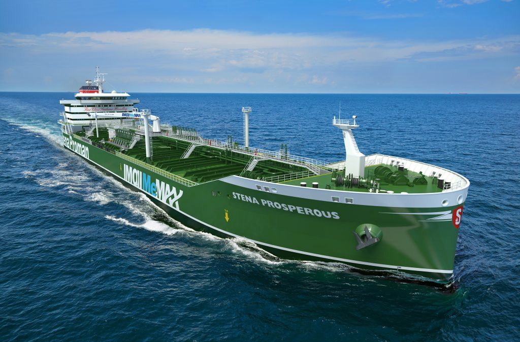 The green methanol-powered tanker Stena Prosperous sailing across the open ocean