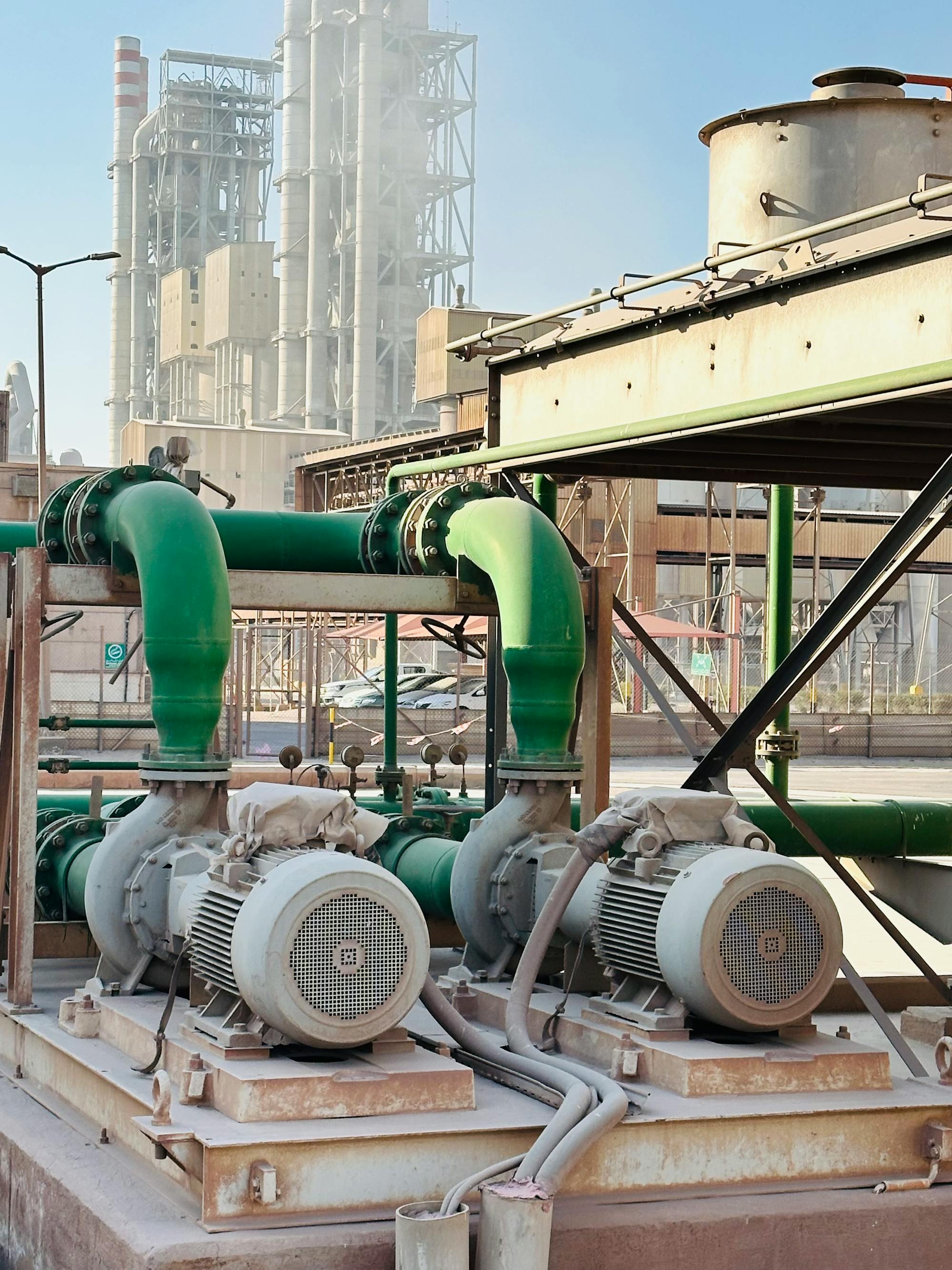 Green industrial piping at a renewable natural gas processing facility